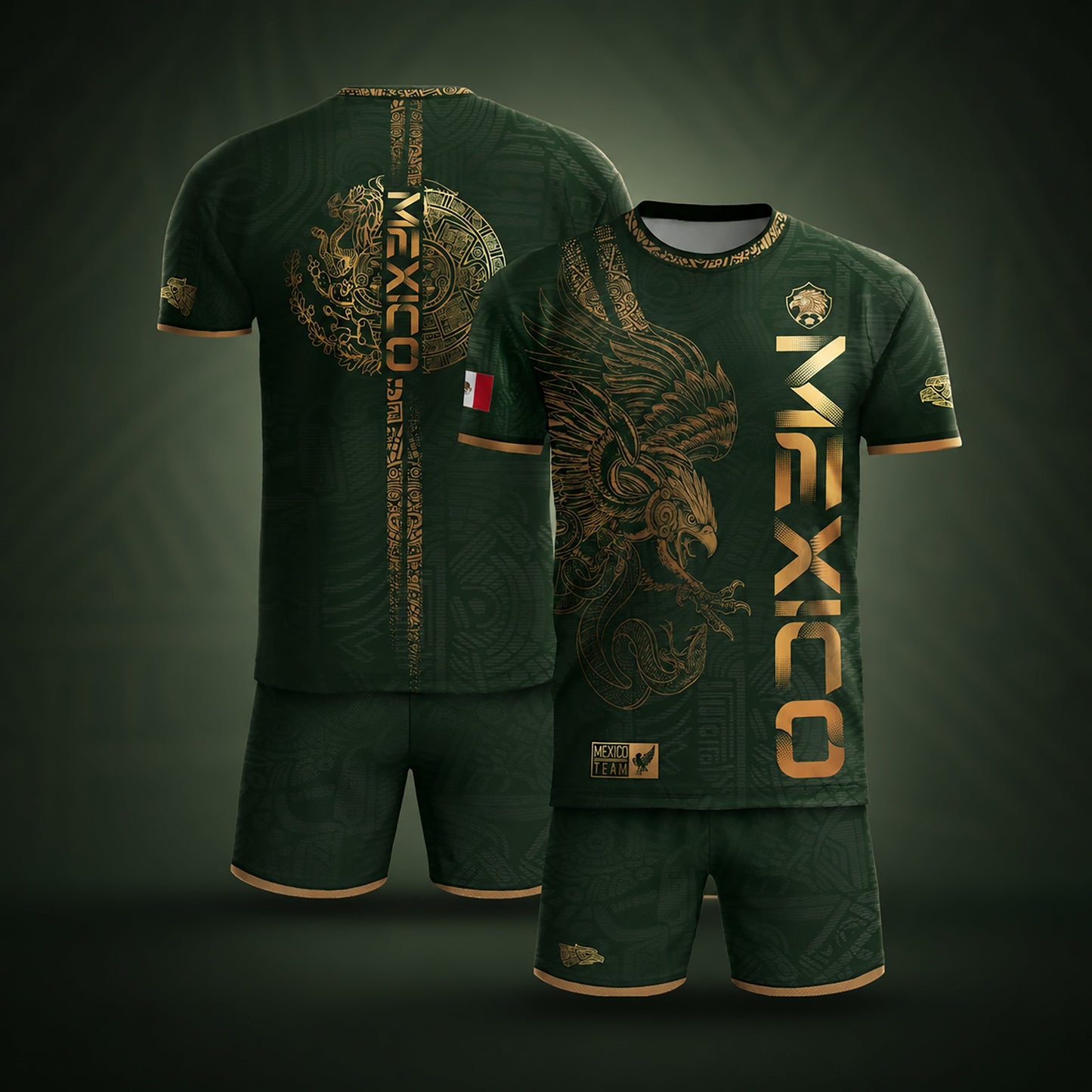 SJ-338-Mexico Concept Soccer Jersey Collection, Aztec Calendar Gold Print Athletic Sportswear Apparel Set