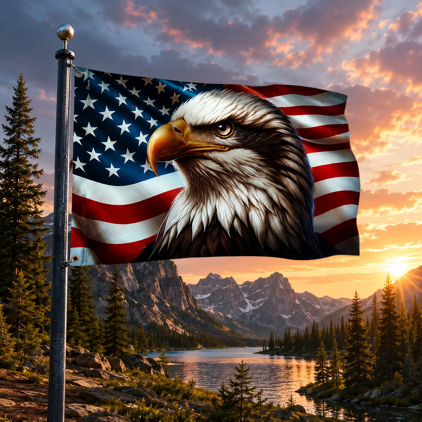 FLG-369-Patriotic American Flag Bald Eagle Banner Outdoor United States Independence Day House Yard Decor