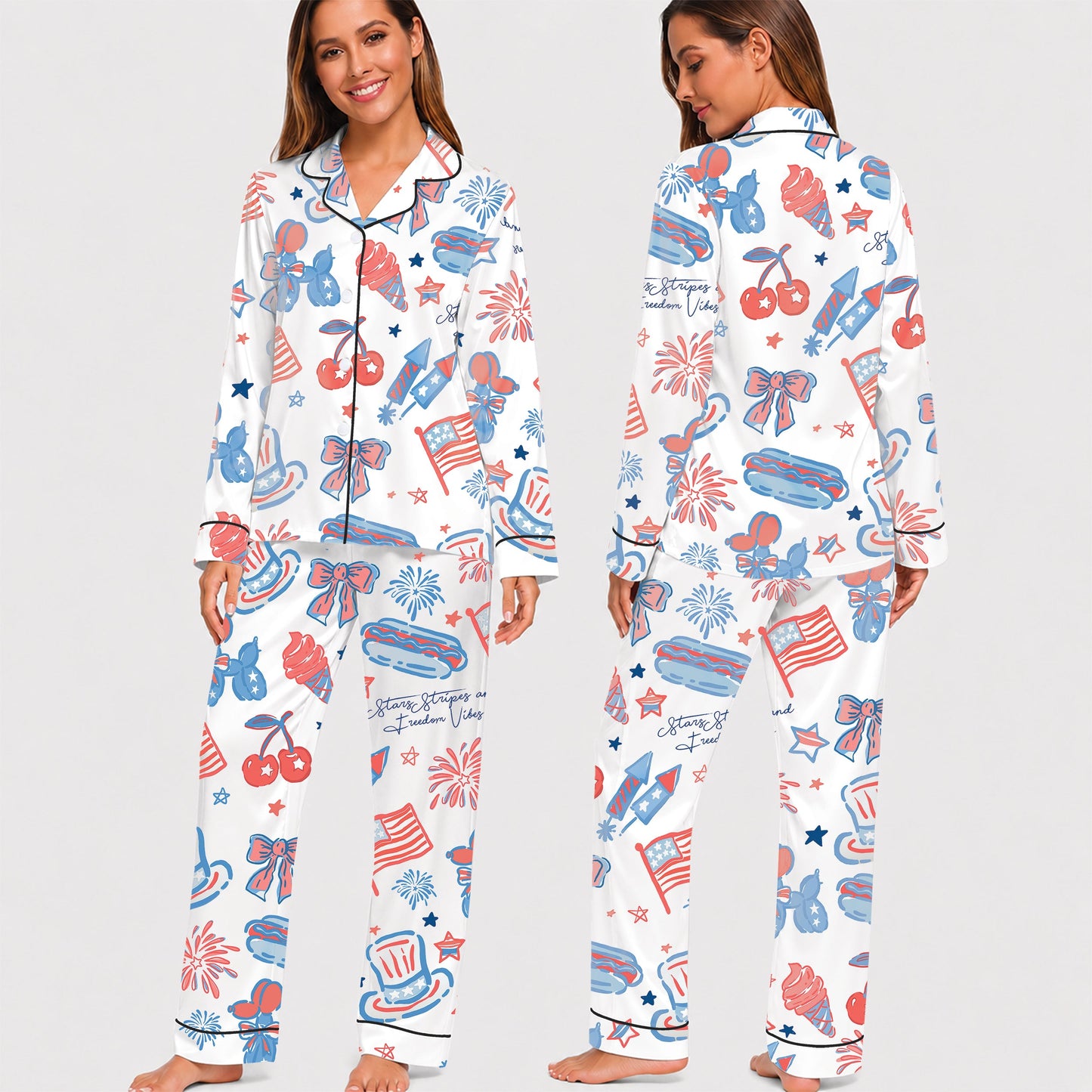 PJ-018-Satin Americana Black Piping Button Up Long/Short Pajama Set