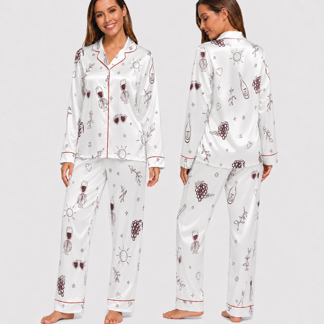 PJ-028-Satin Wine Print Burgundy Piping Button Up Long/Short Pajama Set