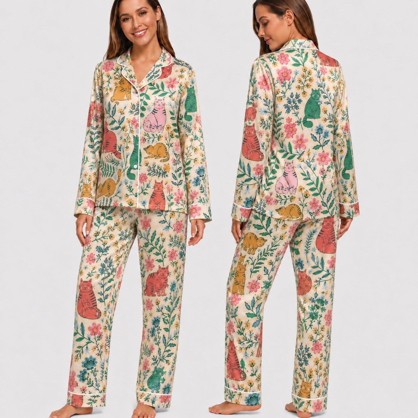 PJ-027-Satin Floral Cat White Piping Button Up Long/Short Pajama Set