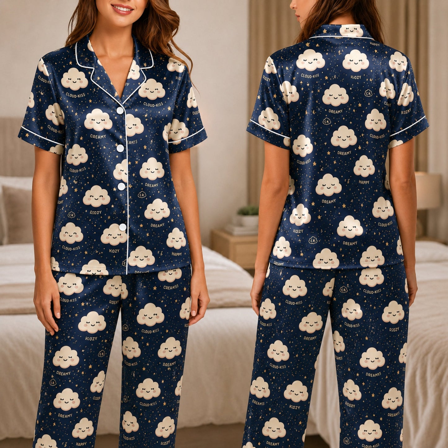 PJ-039-Satin Dreamy Cloud White Piping Button Up Pajama Set