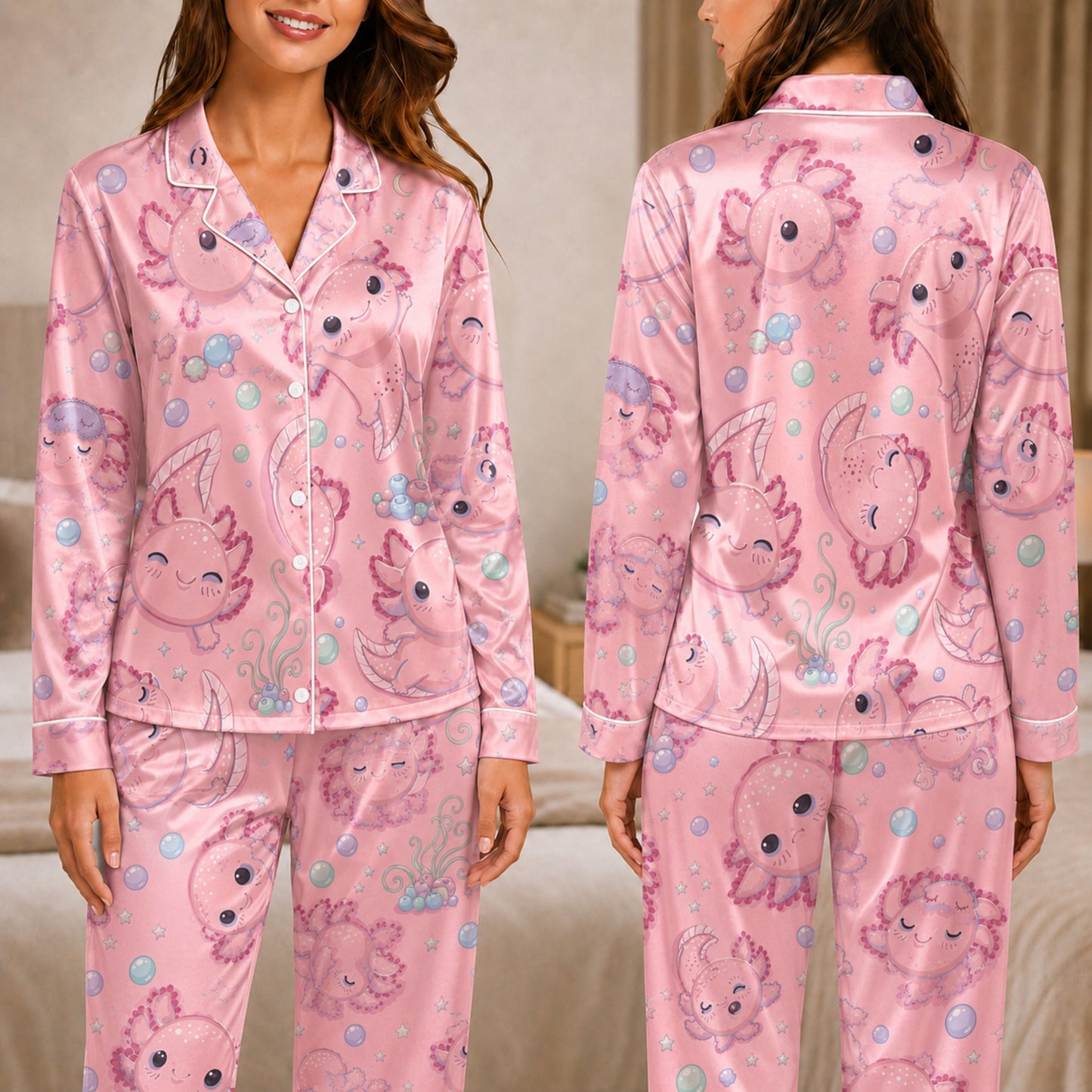 PJ-047-Satin Pink Axolotl White Piping Button Up Pajama Set