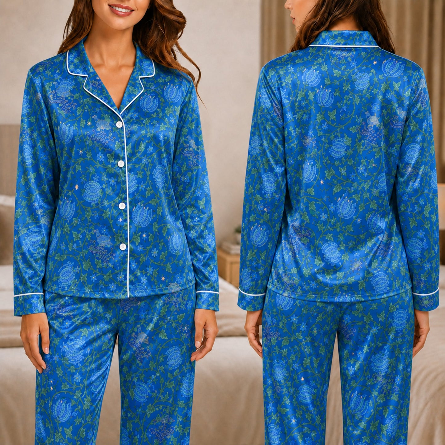 PJ-049-Satin Blue Vintage Botanical White Piping Button Up Pajama Set