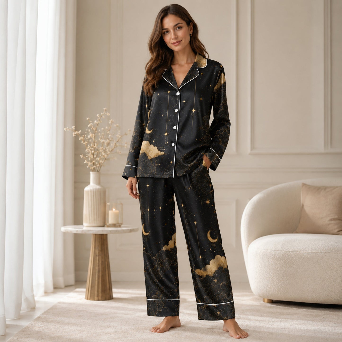 PJ-062-Celestial Silk Pajama Set, Black Gold Crescent Moon Star Print Loungewear Sleepwear