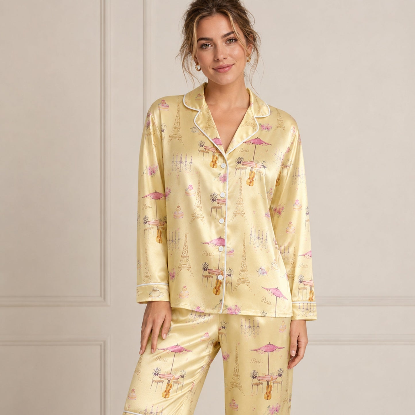 PJ-075-Unisex Yellow Paris Eiffel Tower Print Satin Pajamas French Cafe Loungewear Sleepwear Nightwear Pjs Two Piece