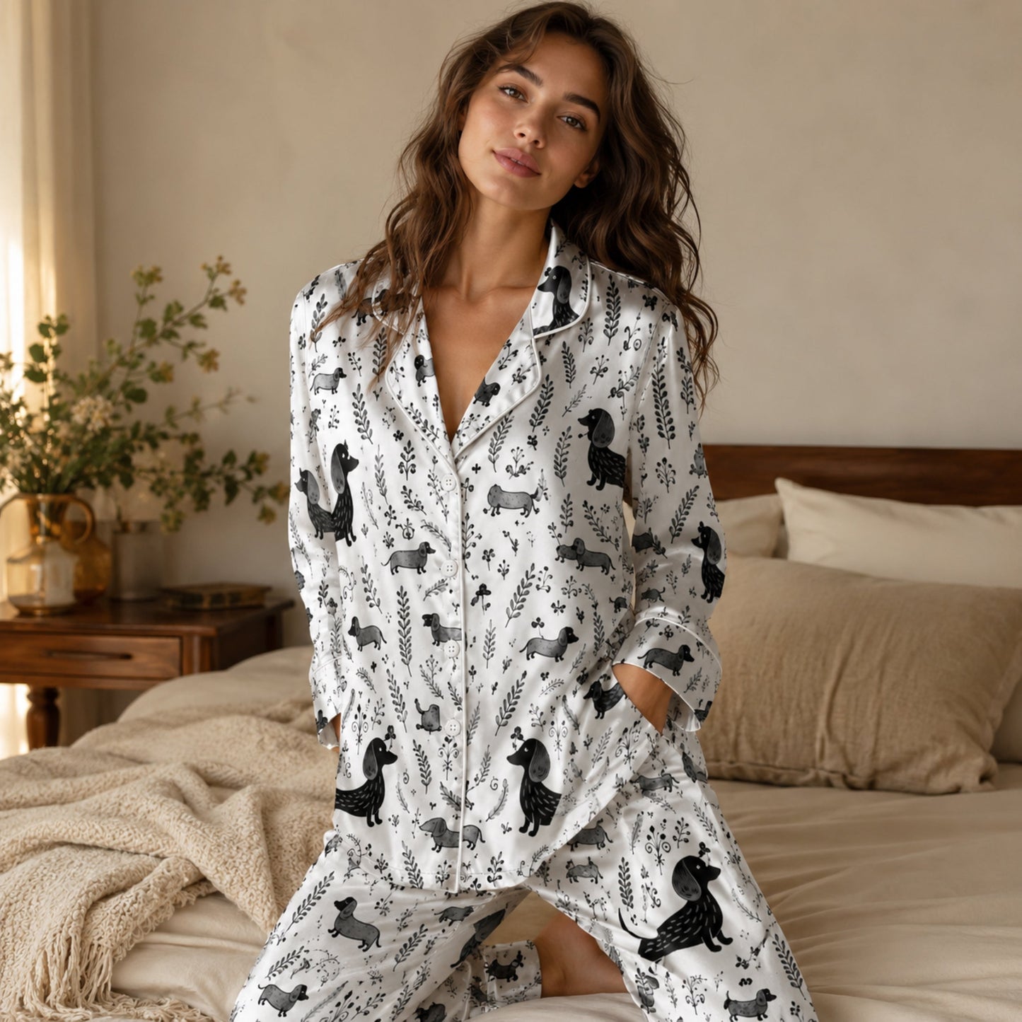 PJ-099-White Unisex Satin Dachshund Pattern Pajamas Black Grey Puppy Loungewear Sleepwear Nightwear Apparel Matching Set