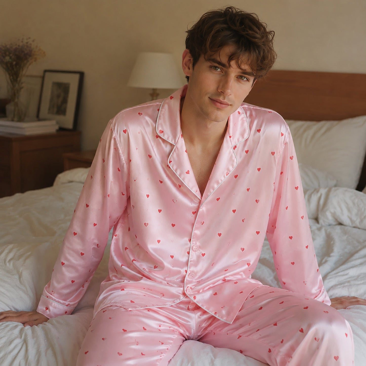 PJ-111-Unisex Men Women Pink Ditsy Heart Print Satin Pajamas Romantic Valentine Loungewear Sleepwear Nightwear Pjs Set