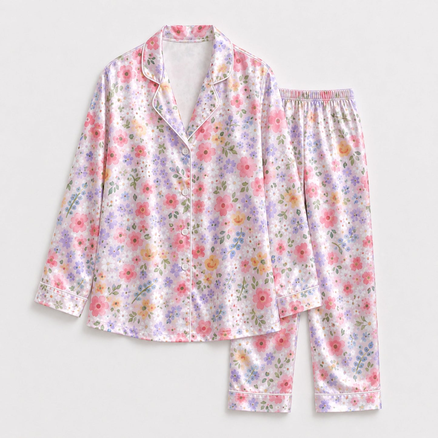 PJ-113-Pink Ditsy Floral Print Satin Pajamas Cottagecore Wildflower Loose Fit Loungewear Sleepwear Nightwear Pjs Clothing Set