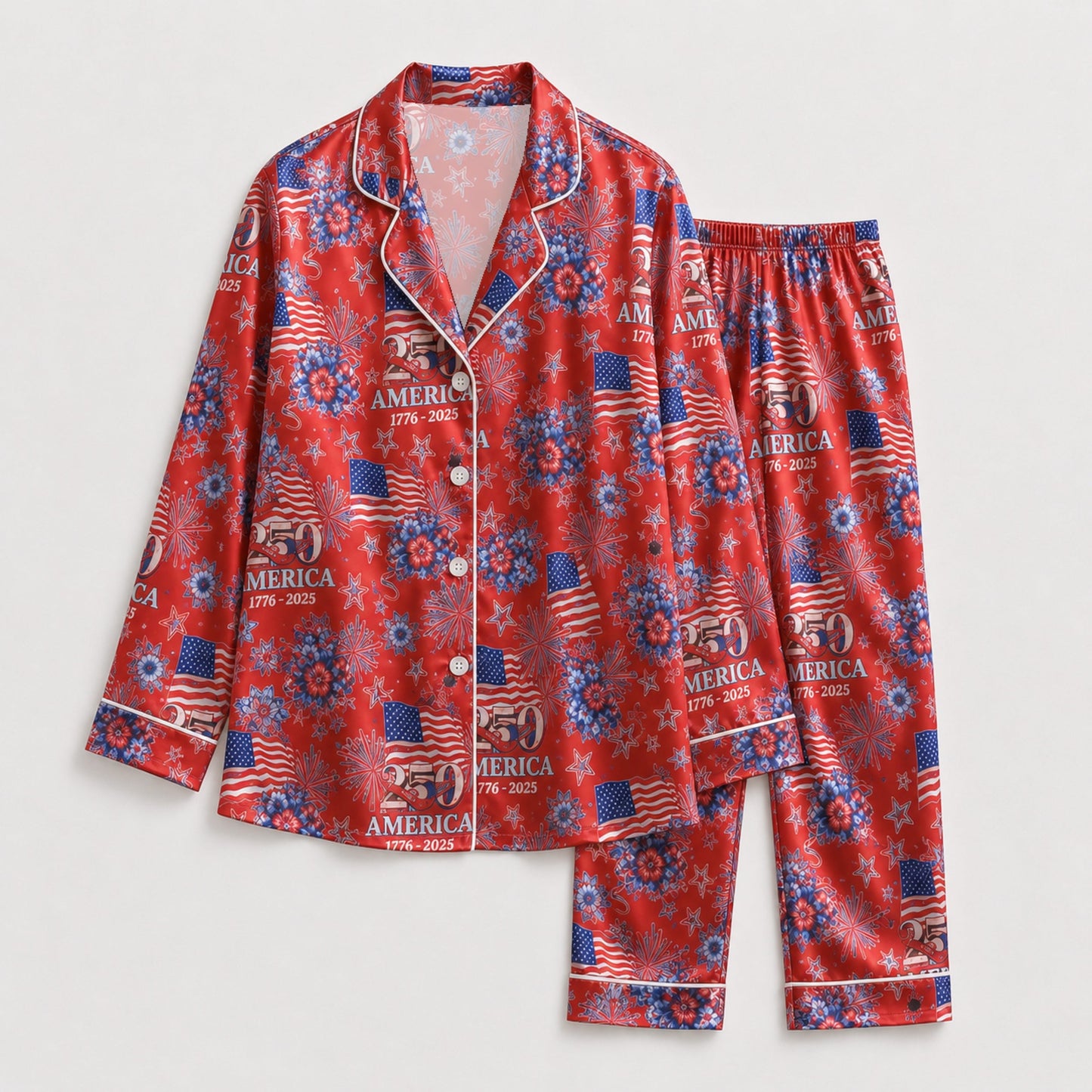 PJ-117-Patriotic Floral Satin Pajama Set With Colonial Drum Flag Print And Button Up Shirt