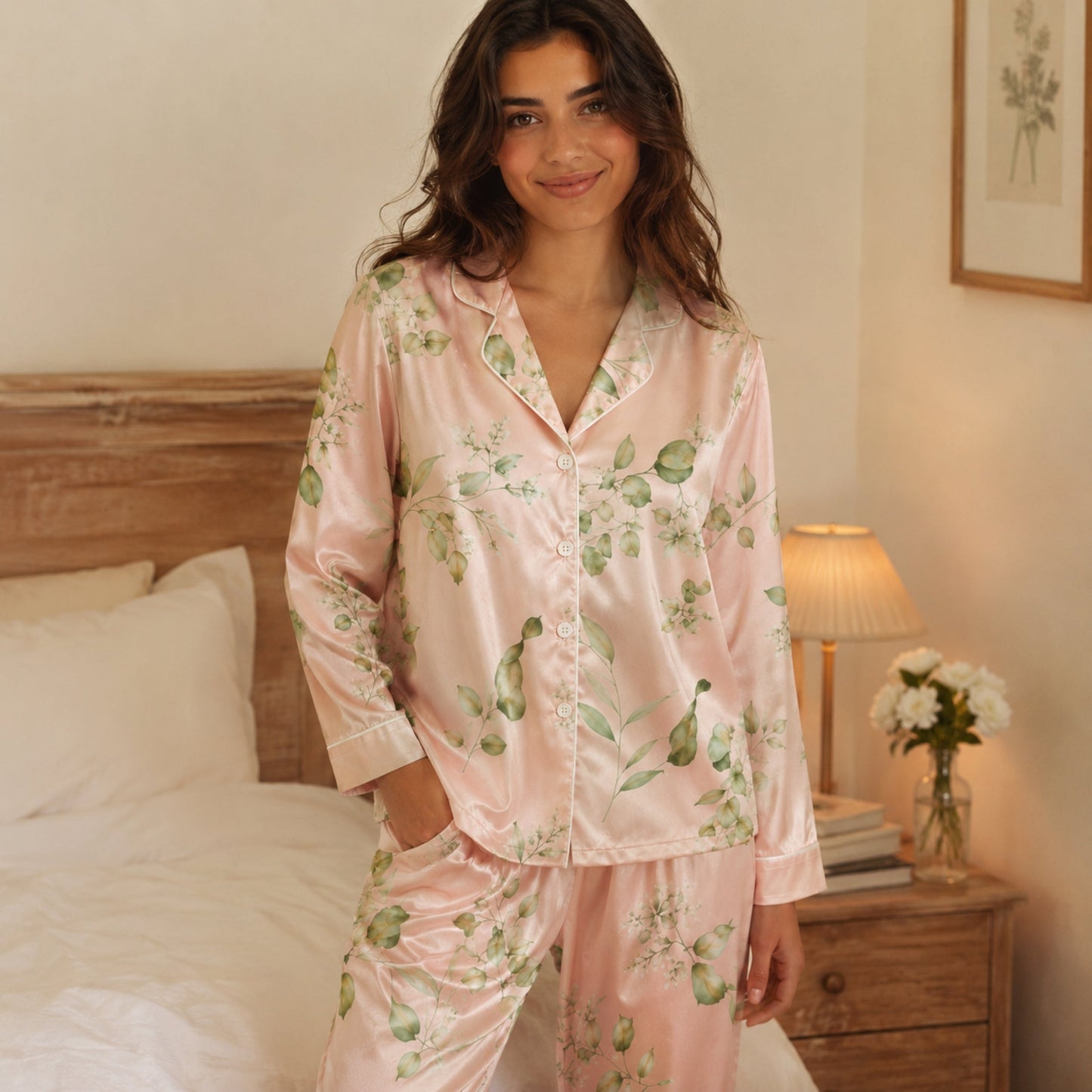PJ-121-Unisex Eucalyptus Leaves Print Satin Pajamas Botanical Loungewear Sleepwear Nightwear Blush Pink Pjs Two Piece Set