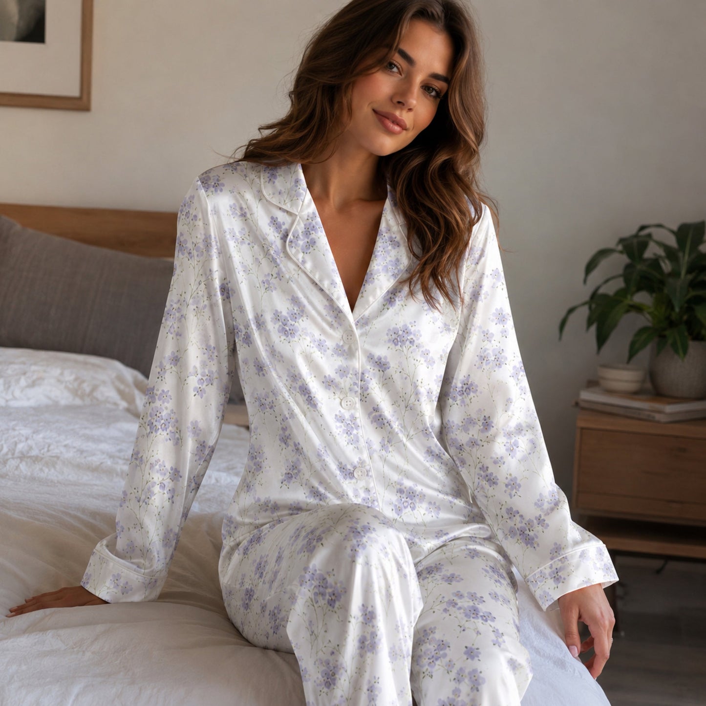 PJ-130-Purple Botanical Pattern Pajamas Luxury Satin Ditsy Blossom Theme Boxy Fit Elegant Loungewear Sleepwear Nightwear Apparel Set