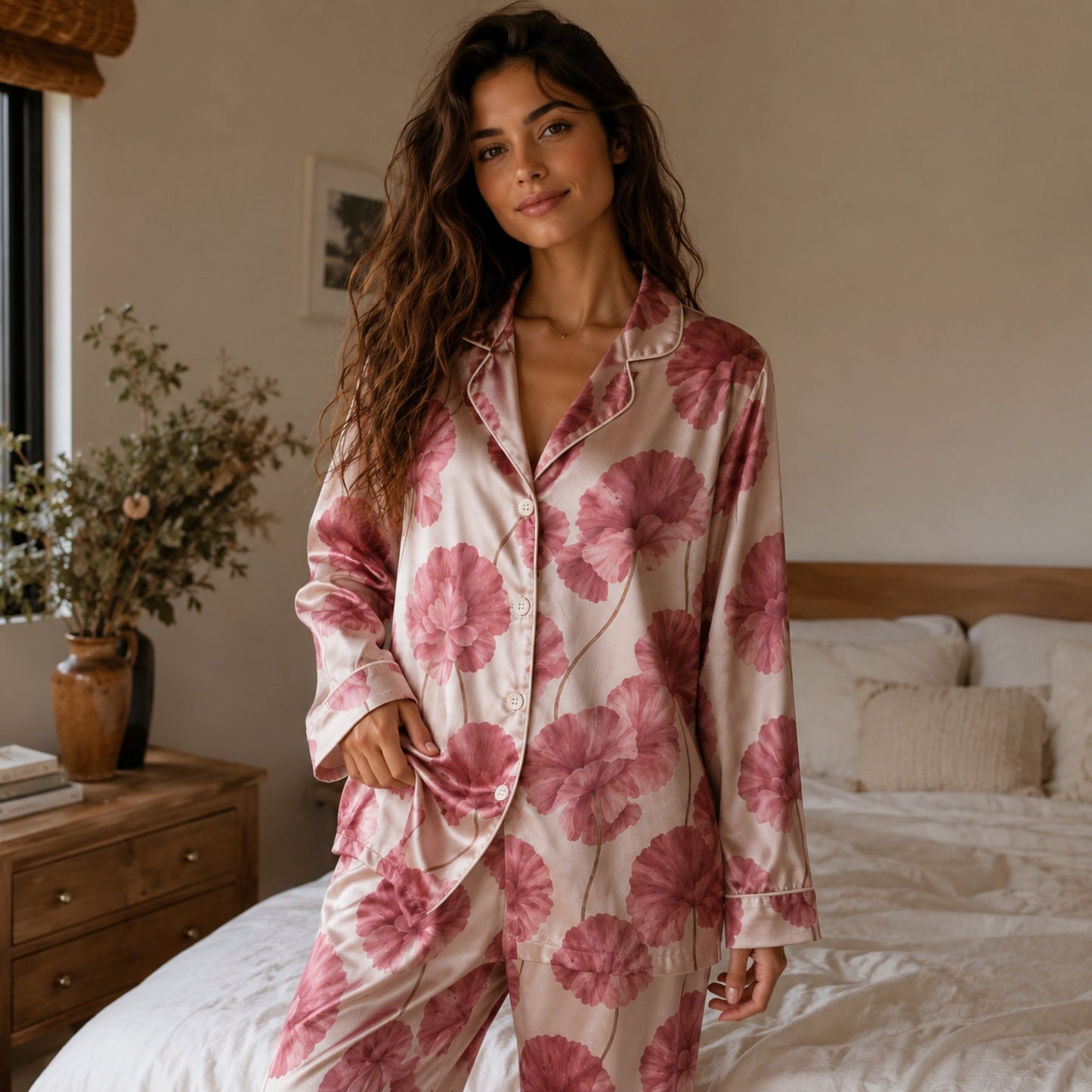 PJ-134-Romantic Floral Satin Pajama Set, Mauve Flower Button Up Nightwear, Cozy Matching Set