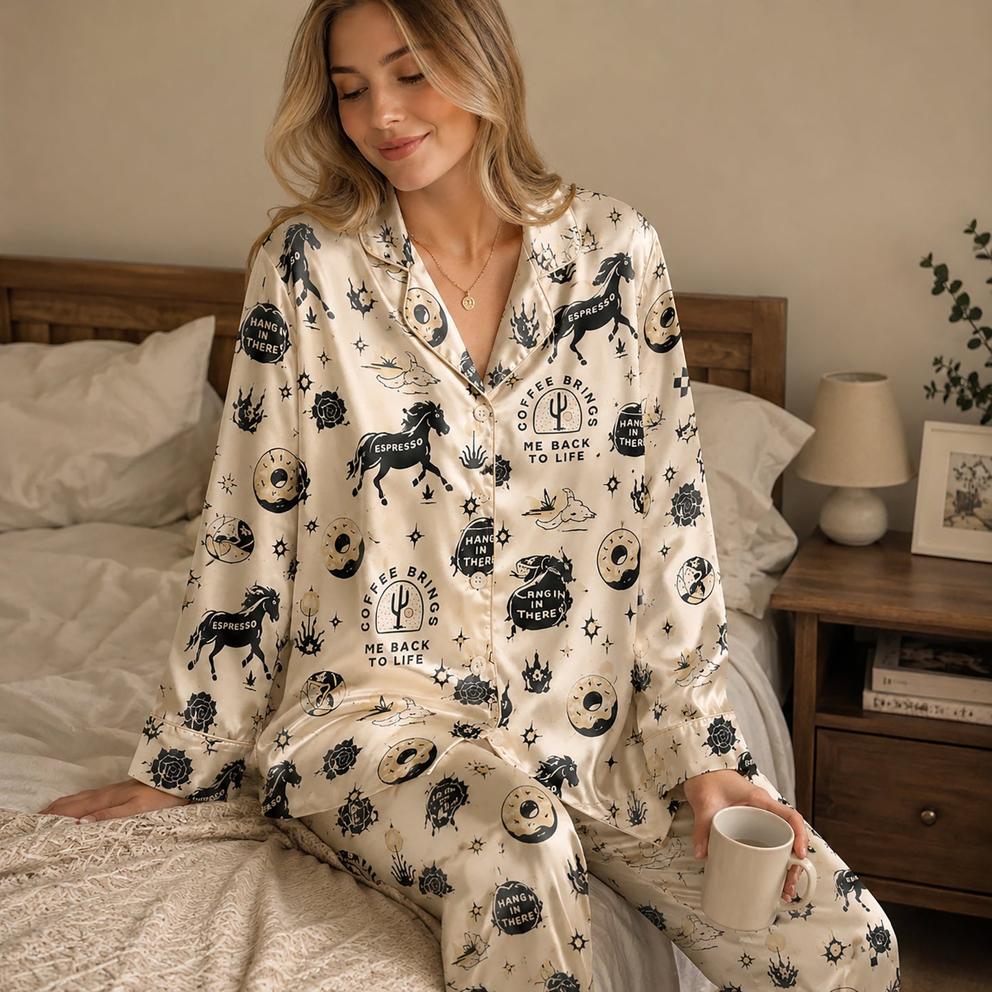 PJ-154-Satin Beige Desert Espresso Graphic Black Piping Button Up Pajama Set