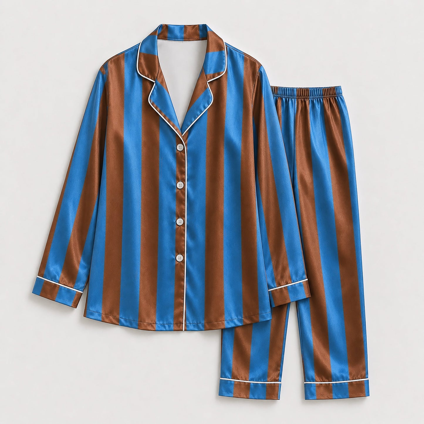 PJ-165-Unisex Satin Pajama Set with Colorful Striped Print Button Down Sleepwear Shirt and Bottoms