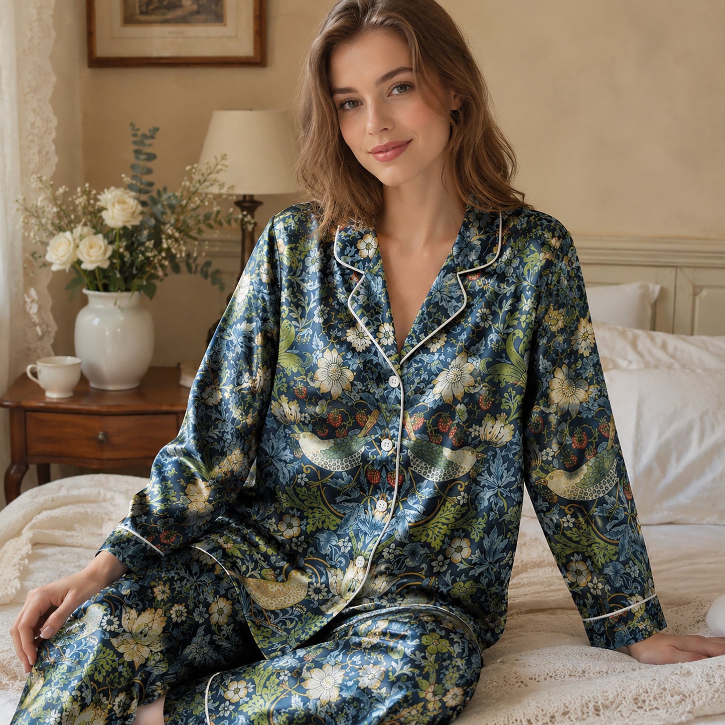 PJ-185-Satin Midnight Navy Heritage Tapestry Piping Button-Up Set