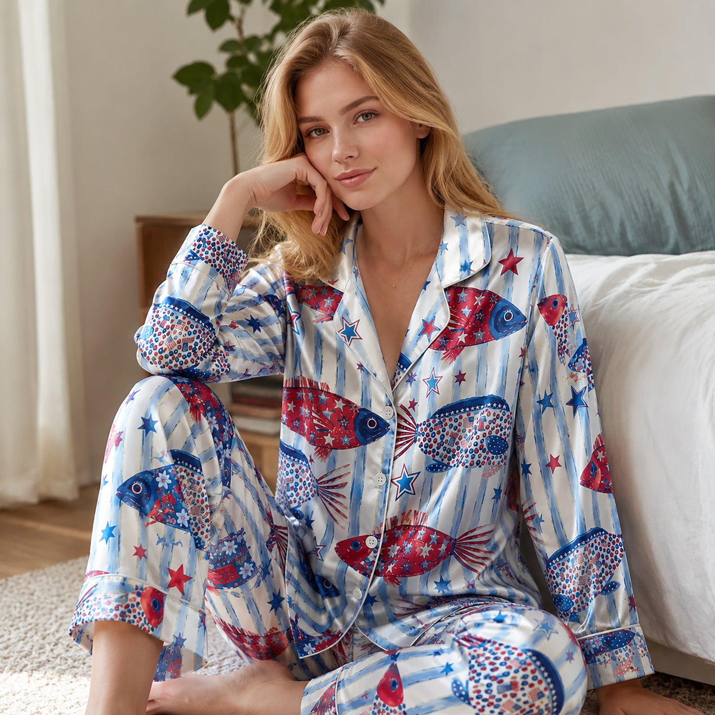 PJ-211-Unisex White Blue Satin Pajama Set with Patriotic Fish Pattern Button Down Sleepwear