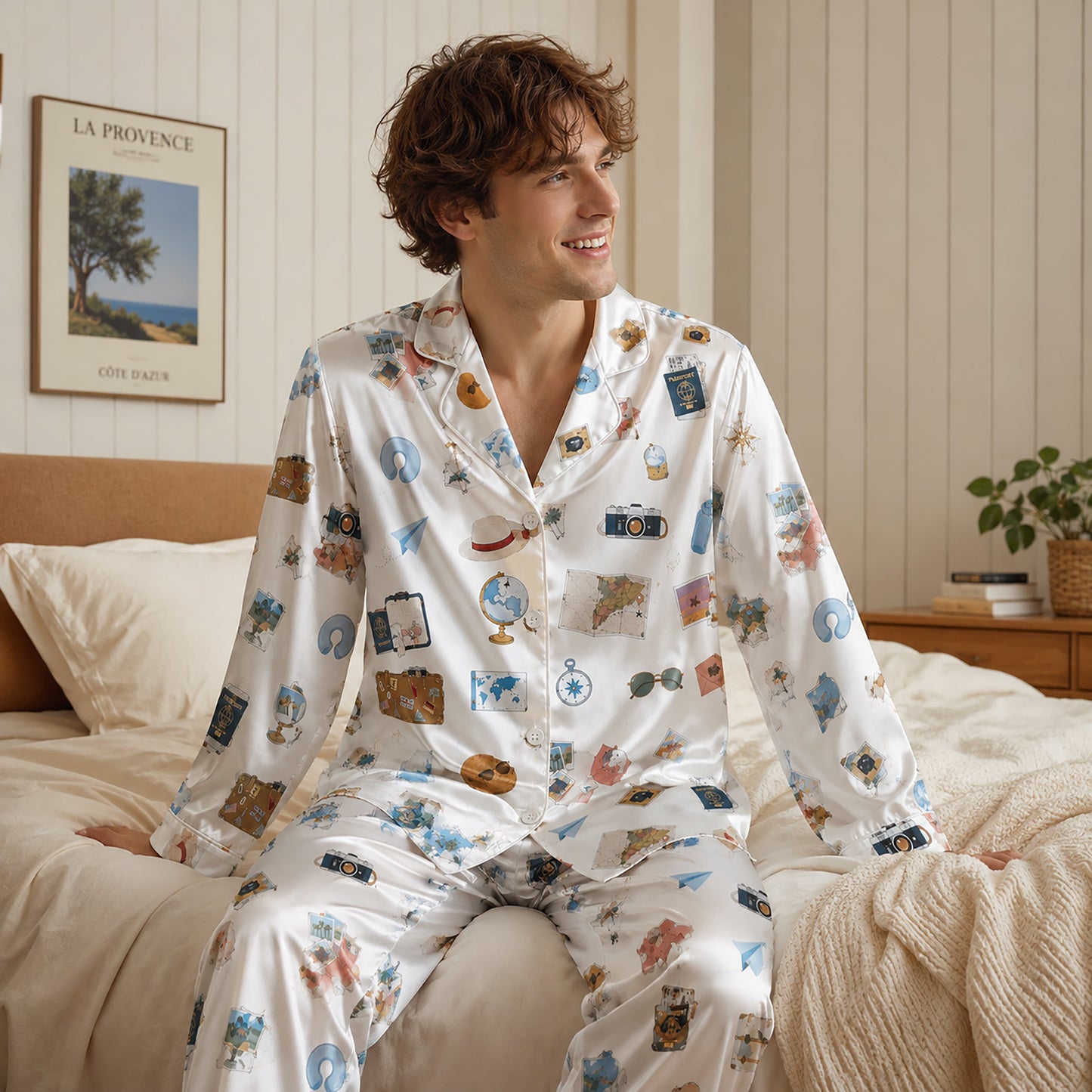 PJ-253-White Travel Suitcase Satin Pajama Set, Passport Camera Graphic Loungewear Sleepwear Collection Outfit