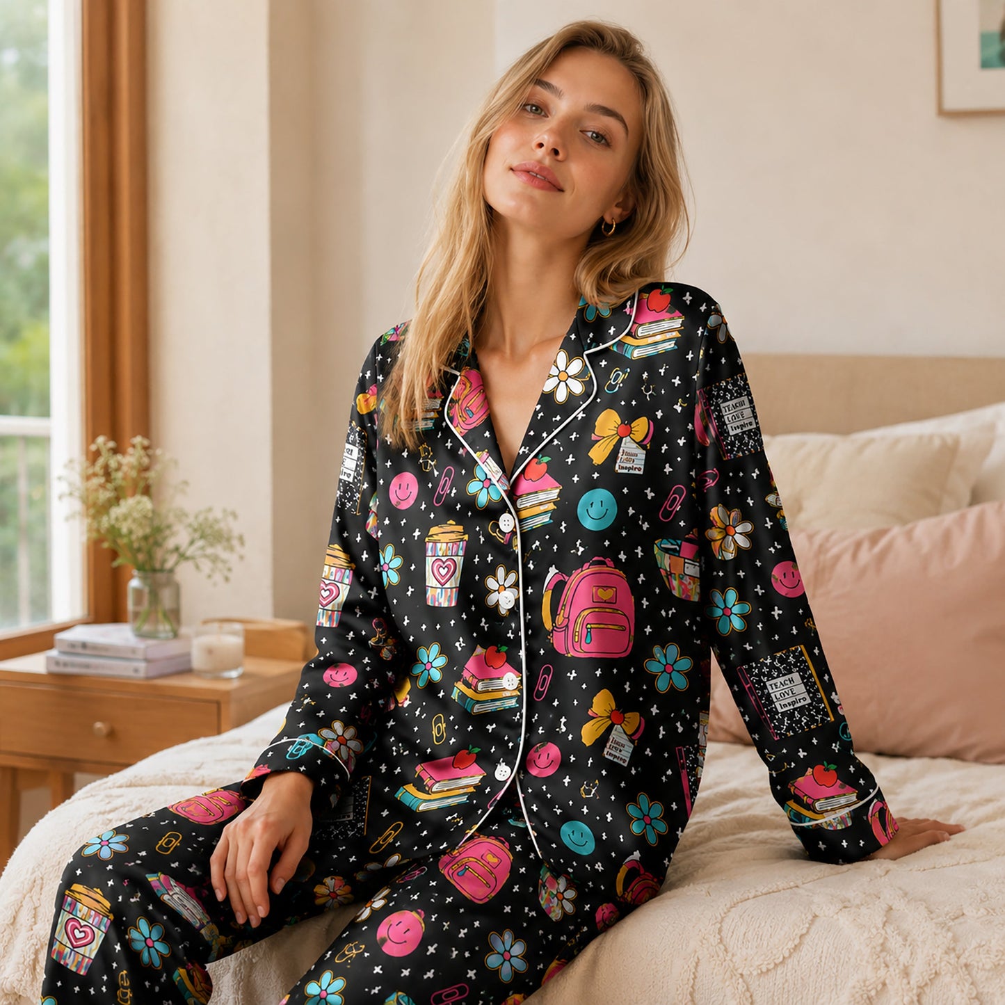 PJ-256-Back To School Printed Satin Pajama Set, Whimsical Notebook Smiley Unisex Sleepwear Lounge Coordinates