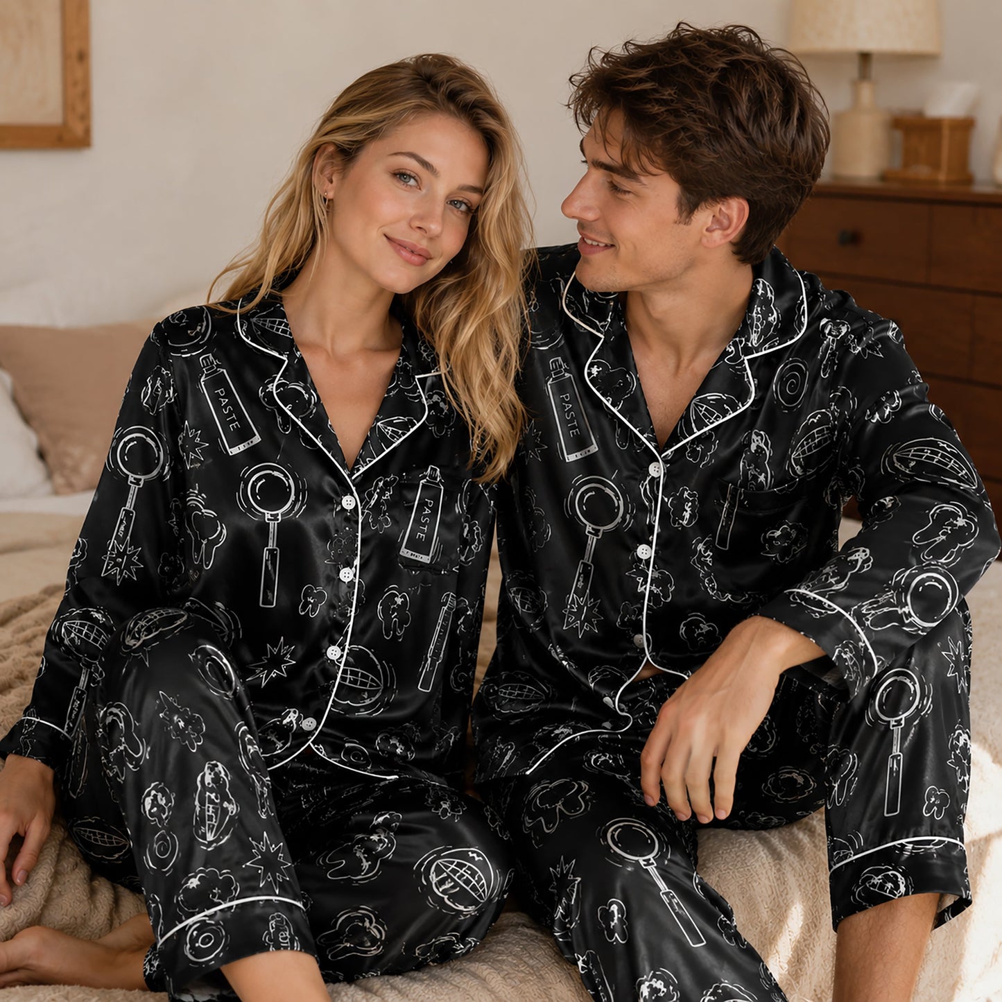 PJ-260-Black Dental Hygiene Satin Pajama Set, Obsidian Graphic Tooth Loungewear Sleepwear Collection Nightwear