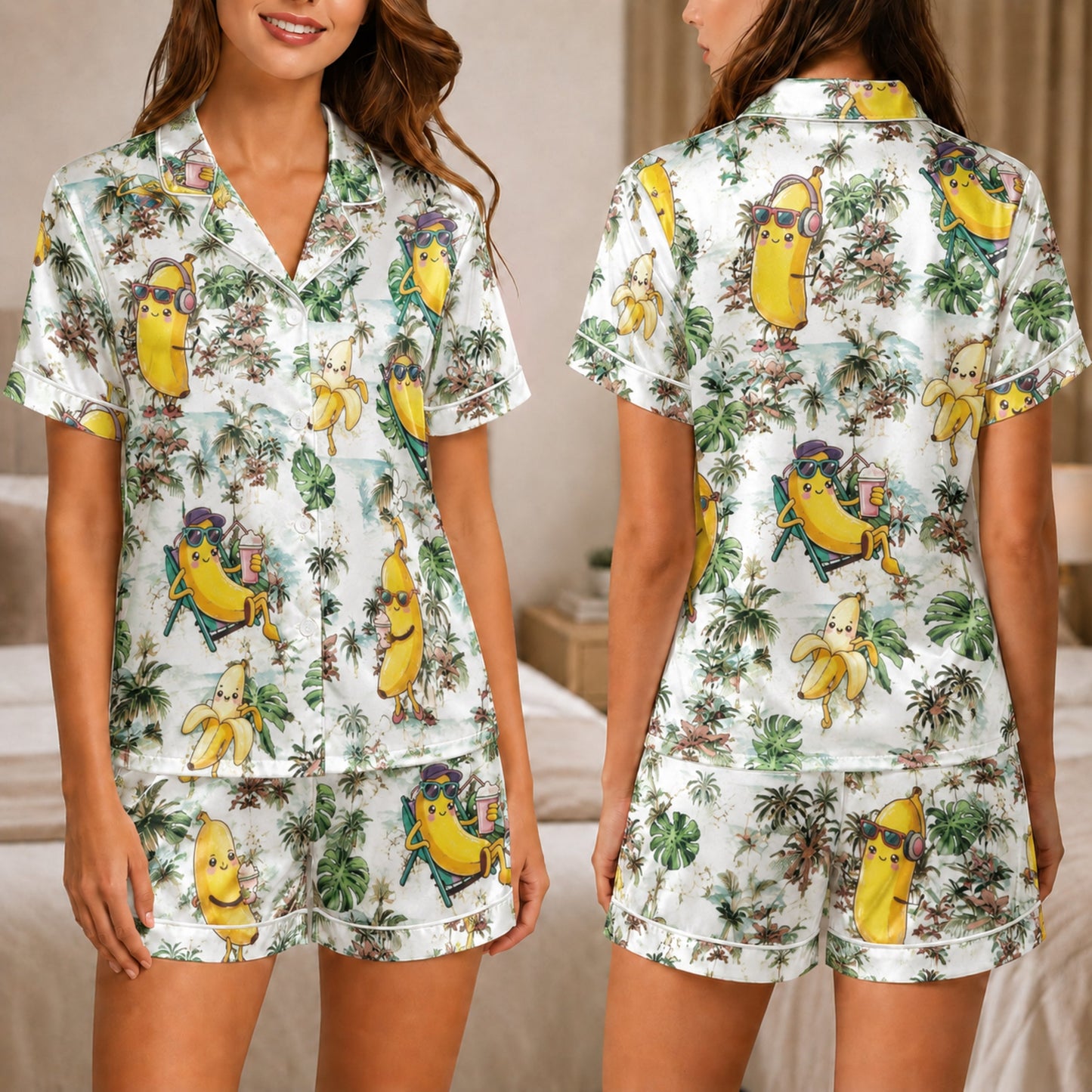 PJ-035-Satin Tropical Banana White Piping Button Up Shortie Pajama Set