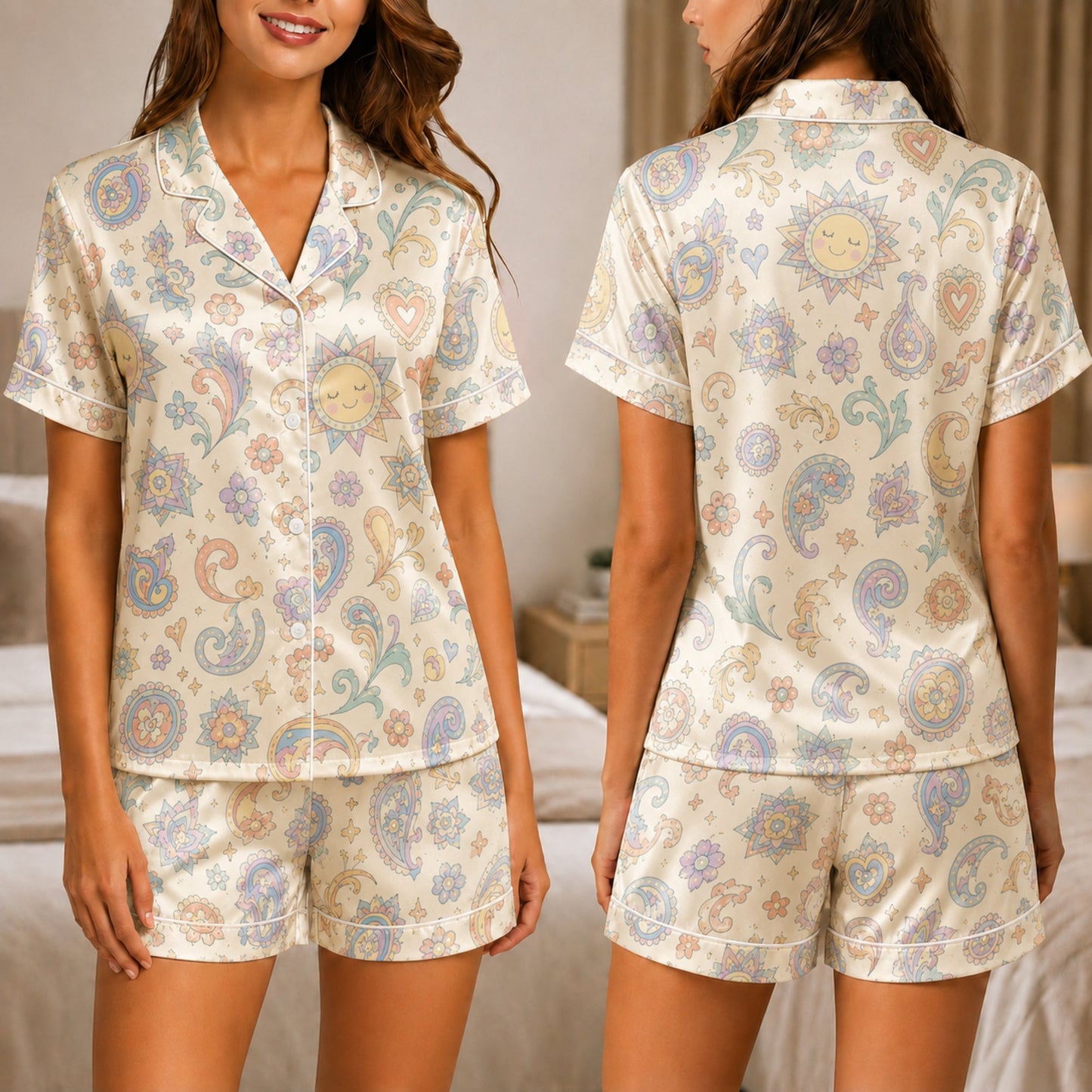 PJ-040-Satin Pastel Celestial White Piping Button Up Pajama Set
