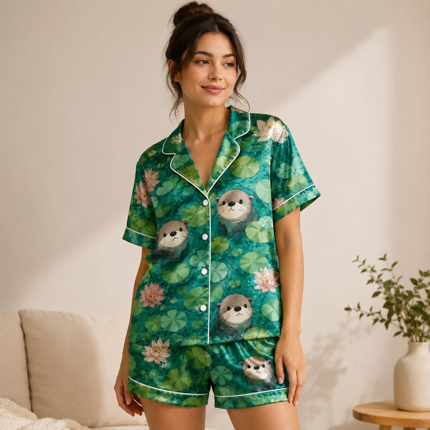 PJ-061-Satin Emerald Otter Pond White Piping Button Up Pajama Set