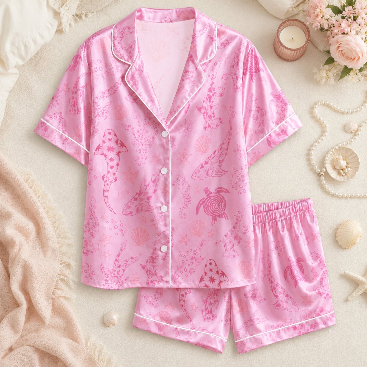 PJ-073-Satin Colorful Marine Life Classic Piping Button Up Pajama Set