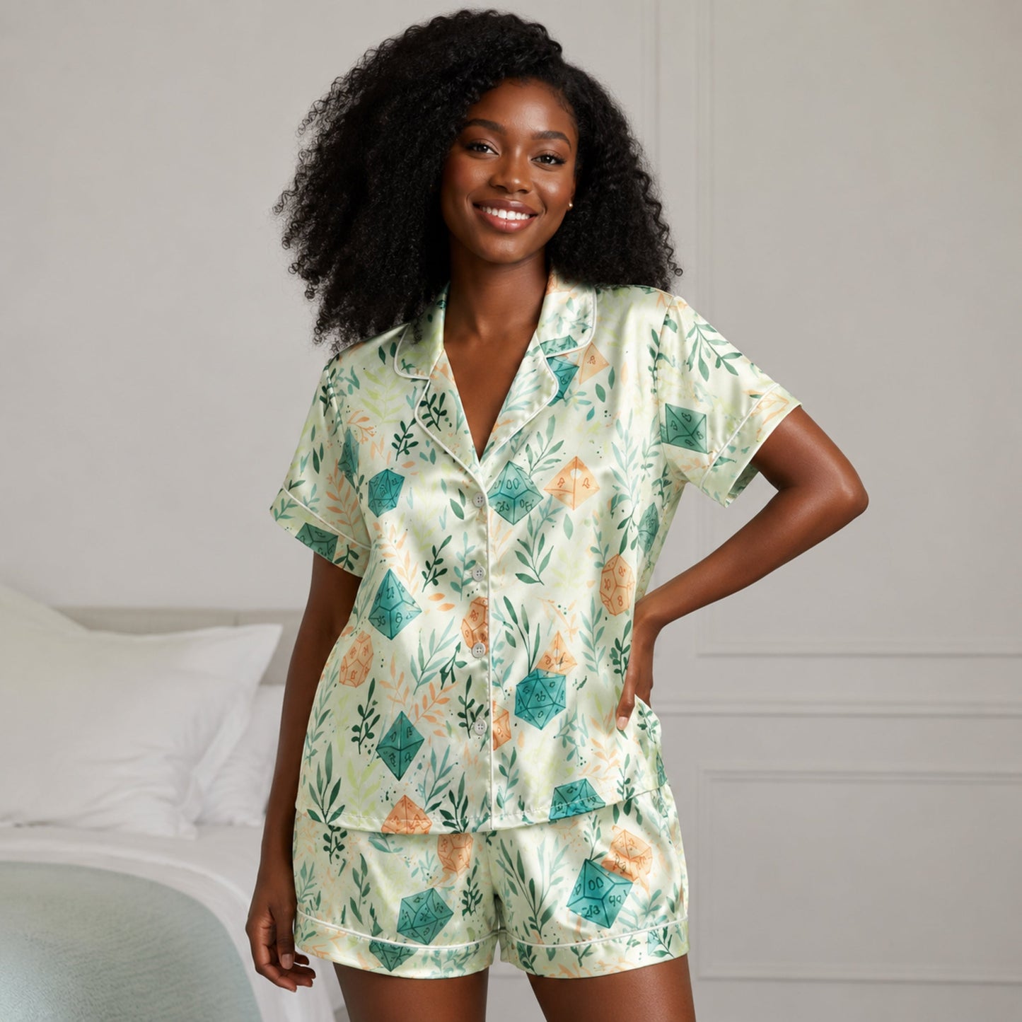 PJ-086-Dice and Leaves Pajama Set with Polyhedral RPG Pattern and Whimsical Game Artwork
