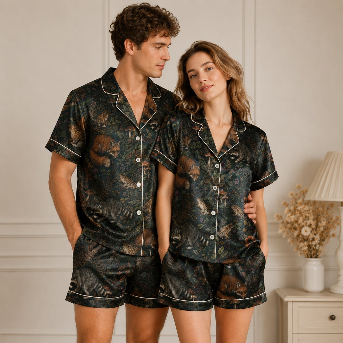 PJ-087-Forest Wildlife Pajama Set with Woodland Animals, Botanical Elements, and Natural Pattern Design