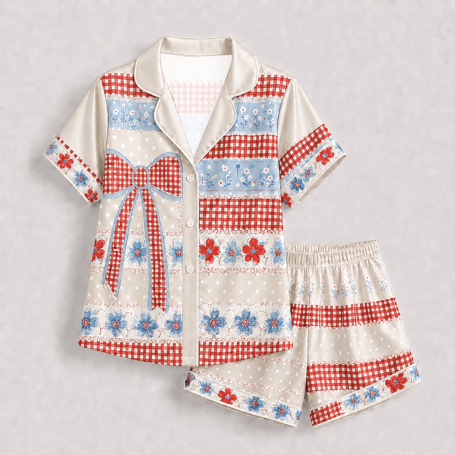 PJ-202-Satin Colorful Americana Festive Ribbon Button-Up Set