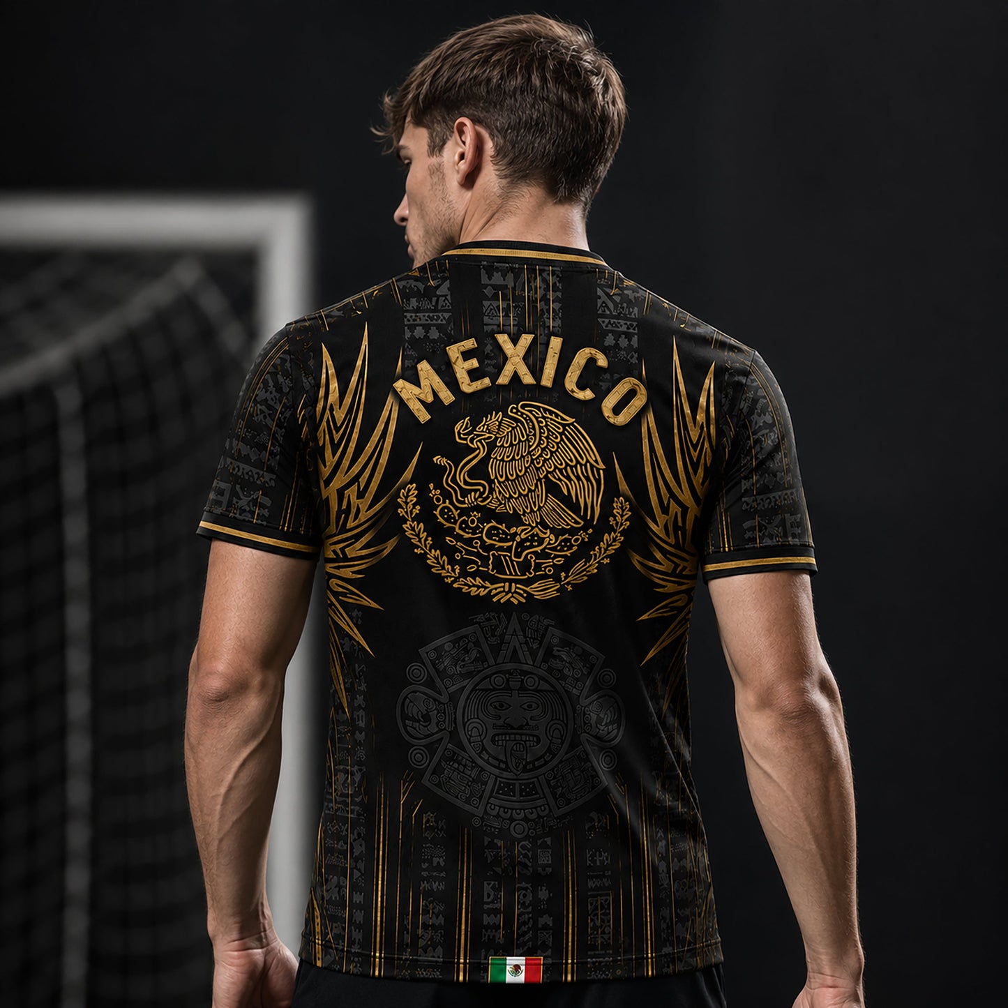 SJ-291-Adult/Youth Mexico Aztec Calendar Soccer Jersey, Black Gold Patriotic Football Shirt Tournament Fan Wear Custom