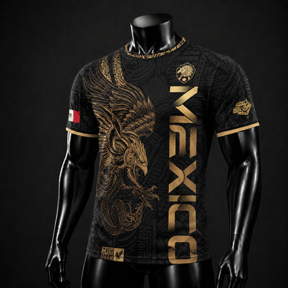 SJ-338-Mexico Concept Soccer Jersey Collection, Aztec Calendar Gold Print Athletic Sportswear Apparel Set