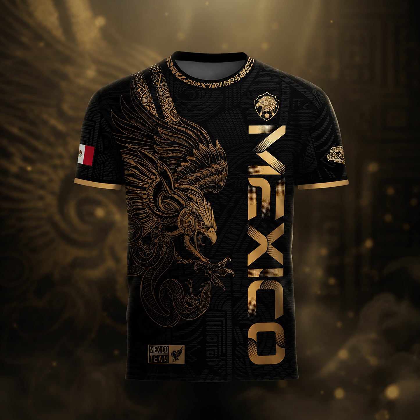 SJ-338-Mexico Concept Soccer Jersey Collection, Aztec Calendar Gold Print Athletic Sportswear Apparel Set