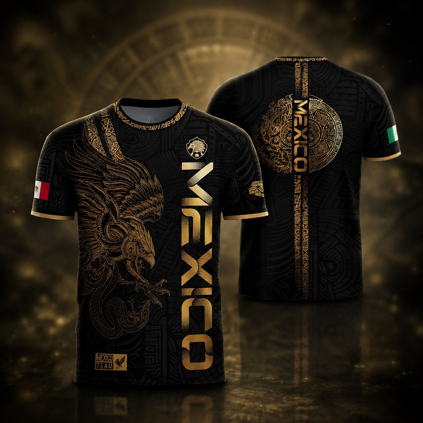 SJ-338-Mexico Concept Soccer Jersey Collection, Aztec Calendar Gold Print Athletic Sportswear Apparel Set