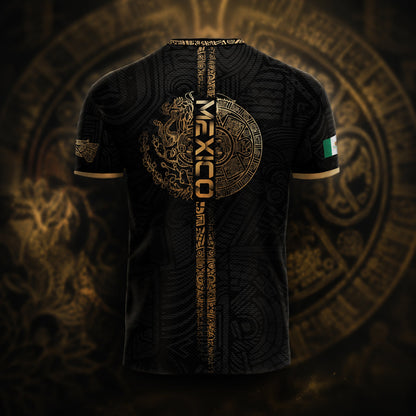 SJ-338-Mexico Concept Soccer Jersey Collection, Aztec Calendar Gold Print Athletic Sportswear Apparel Set