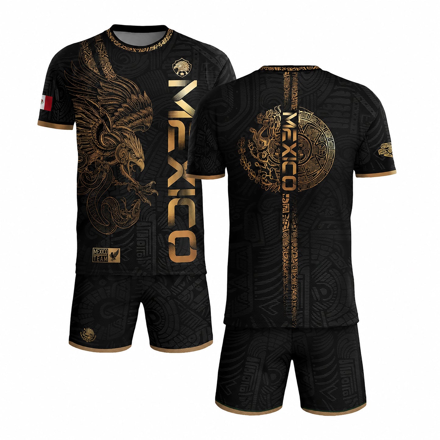SJ-338-Mexico Concept Soccer Jersey Collection, Aztec Calendar Gold Print Athletic Sportswear Apparel Set
