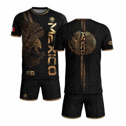 SJ-338-Mexico Concept Soccer Jersey Collection, Aztec Calendar Gold Print Athletic Sportswear Apparel Set