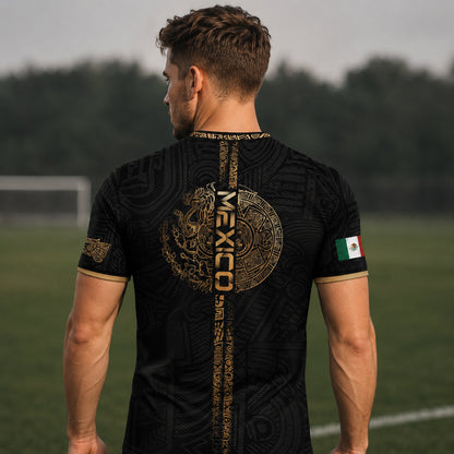 SJ-338-Mexico Concept Soccer Jersey Collection, Aztec Calendar Gold Print Athletic Sportswear Apparel Set