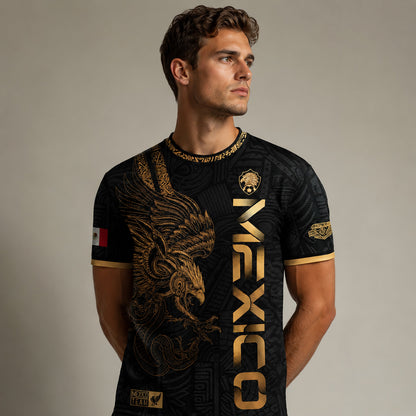 SJ-338-Mexico Concept Soccer Jersey Collection, Aztec Calendar Gold Print Athletic Sportswear Apparel Set
