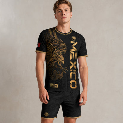 SJ-338-Mexico Concept Soccer Jersey Collection, Aztec Calendar Gold Print Athletic Sportswear Apparel Set