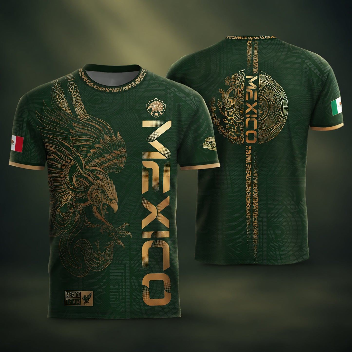 SJ-338-Mexico Concept Soccer Jersey Collection, Aztec Calendar Gold Print Athletic Sportswear Apparel Set
