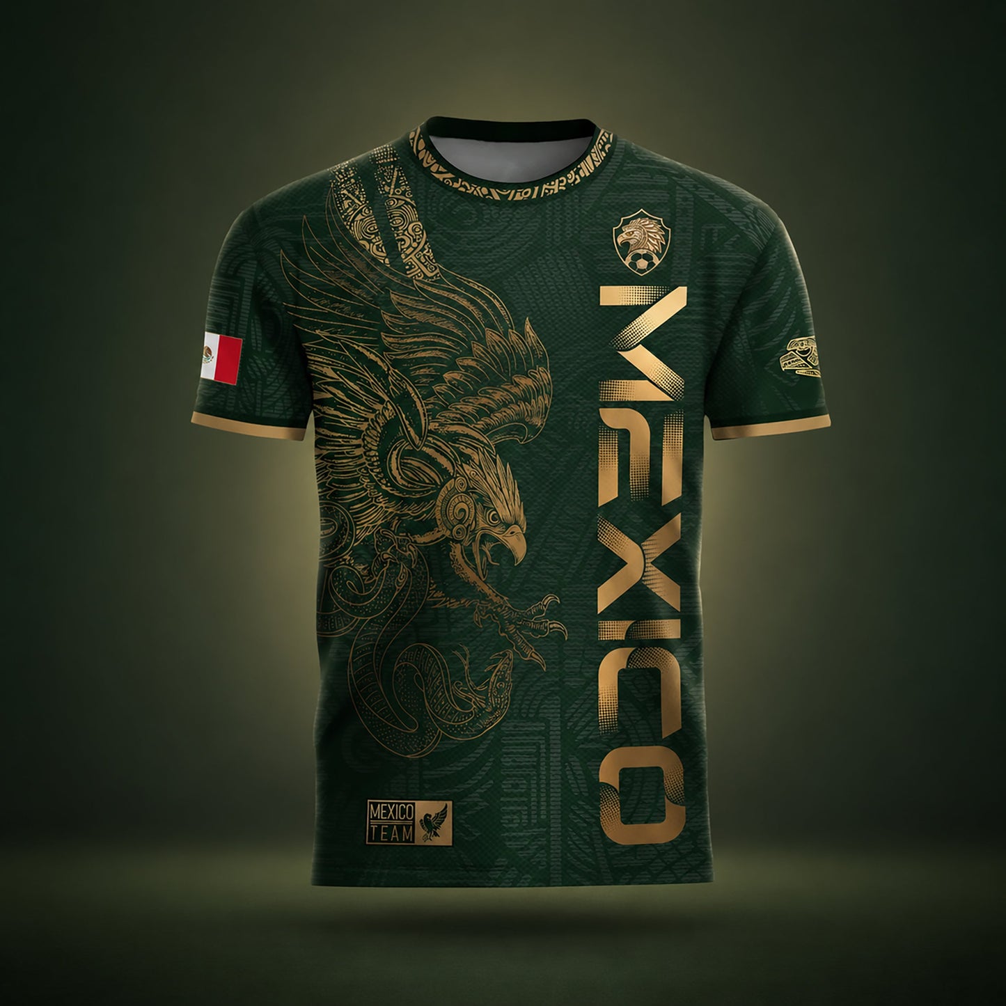SJ-338-Mexico Concept Soccer Jersey Collection, Aztec Calendar Gold Print Athletic Sportswear Apparel Set