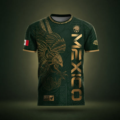 SJ-338-Mexico Concept Soccer Jersey Collection, Aztec Calendar Gold Print Athletic Sportswear Apparel Set
