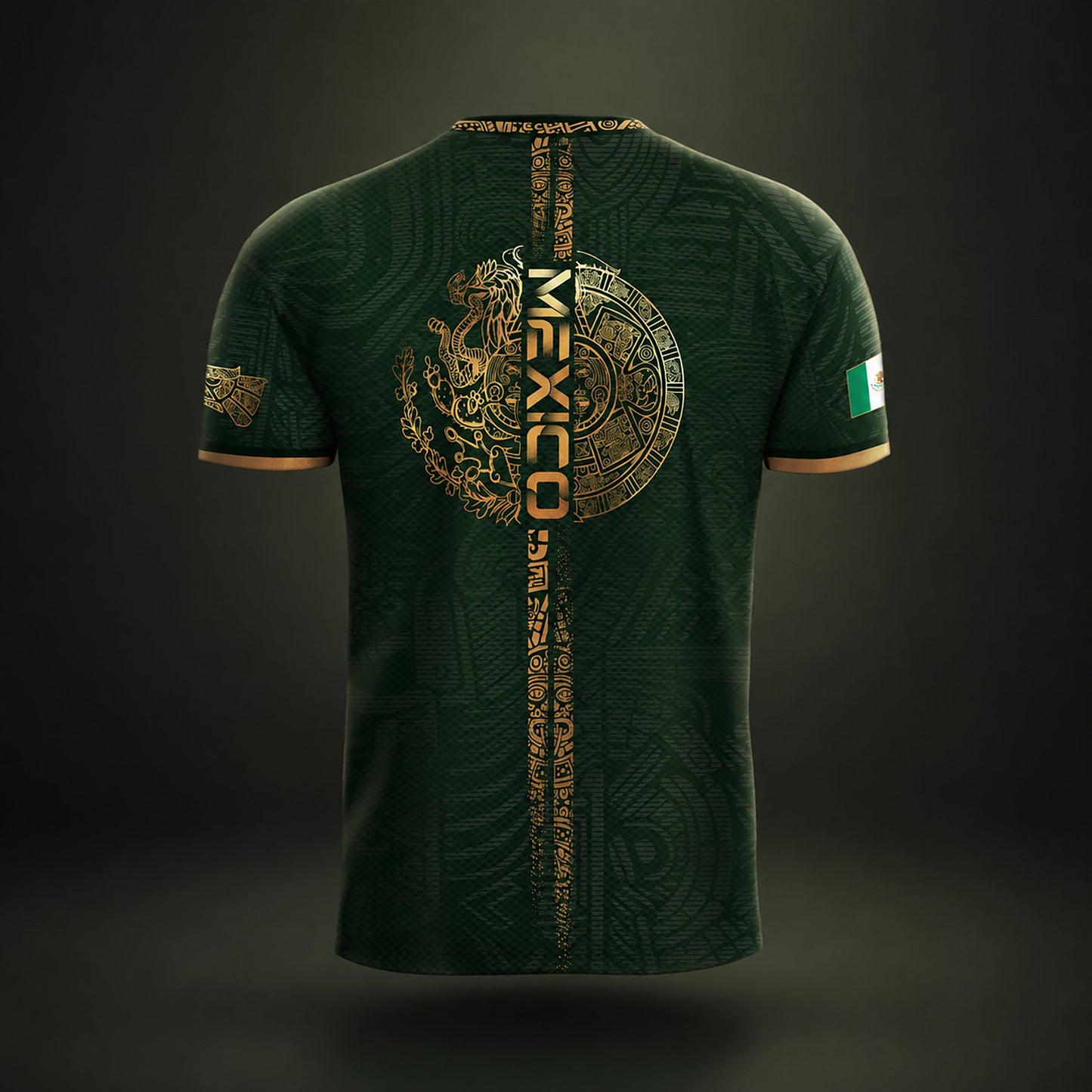 SJ-338-Mexico Concept Soccer Jersey Collection, Aztec Calendar Gold Print Athletic Sportswear Apparel Set