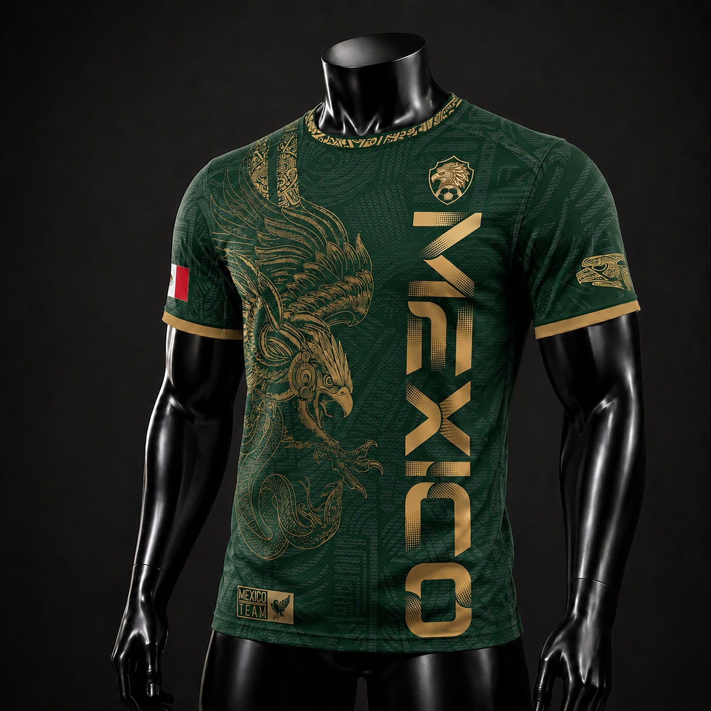 SJ-338-Mexico Concept Soccer Jersey Collection, Aztec Calendar Gold Print Athletic Sportswear Apparel Set