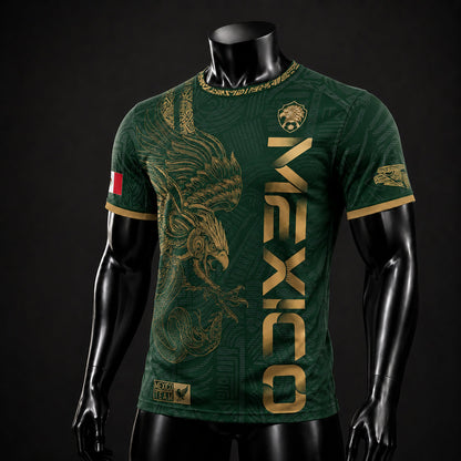 SJ-338-Mexico Concept Soccer Jersey Collection, Aztec Calendar Gold Print Athletic Sportswear Apparel Set