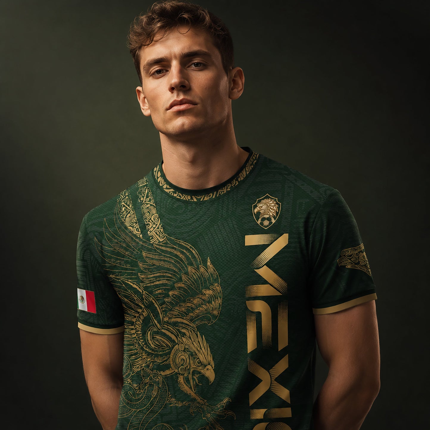 SJ-338-Mexico Concept Soccer Jersey Collection, Aztec Calendar Gold Print Athletic Sportswear Apparel Set