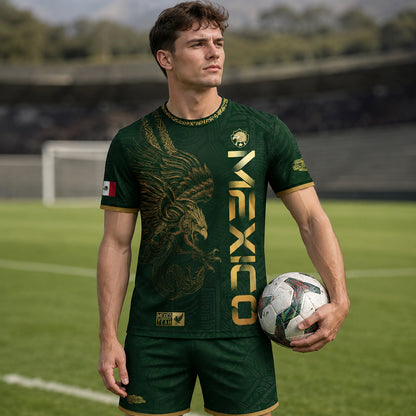 SJ-338-Mexico Concept Soccer Jersey Collection, Aztec Calendar Gold Print Athletic Sportswear Apparel Set
