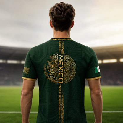 SJ-338-Mexico Concept Soccer Jersey Collection, Aztec Calendar Gold Print Athletic Sportswear Apparel Set